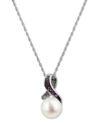 Stand out, in style. This sterling silver necklace, with a cultured freshwater pearl (8-8-1/2 mm) pendant and pink sapphire and diamond accents, proves to be quite captivating. Approximate length: 18 inches. Approximate drop: 5/8 inch. Stand out, in style. This sterling silver necklace, with a cultured freshwater pearl (8-8-1/2 mm) pendant and pink sapphire and diamond accents, proves to be quite captivating. Approximate length: 18 inches. Approximate drop: 5/8 inch.