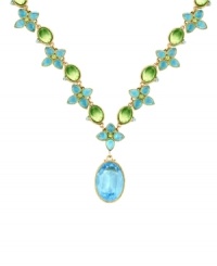 Get a fresh new look for spring by stepping up your accessory collection. 2028's statement necklace features bright blue zircon and oval-cut green crystals set in brass tone mixed metal. Approximate length: 16 inches + 3-inch extender. Approximate drop: 1-1/2 inches. Get a fresh new look for spring by stepping up your accessory collection. 2028's statement necklace features bright blue zircon and oval-cut green crystals set in brass tone mixed metal. Approximate length: 16 inches + 3-inch extender. Approximate drop: 1-1/2 inches.