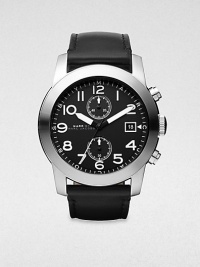 A classic chronograph design with modern elements, set in stainless steel with a two-eye chronograph function and date display, completed with a genuine leather strap bracelet for a handsome finish.Chronograph movementRound bezelWater resistant to 5ATMDate display at 3 o'clockSecond handStainless steel case: 46mm (1.81)Leather strap braceletImported A classic chronograph design with modern elements, set in stainless steel with a two-eye chronograph function and date display, completed with a genuine leather strap bracelet for a handsome finish.Chronograph movementRound bezelWater resistant to 5ATMDate display at 3 o'clockSecond handStainless steel case: 46mm (1.81)Leather strap braceletImported