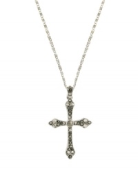 Statement-making style is the perfect way to show your faith. Vatican pendant features an intricate cross accented by glittering marcasite stones. Setting and chain crafted in silver tone mixed metal. Approximate length: 20 inches. Approximate drop: 1-1/4 inches. Statement-making style is the perfect way to show your faith. Vatican pendant features an intricate cross accented by glittering marcasite stones. Setting and chain crafted in silver tone mixed metal. Approximate length: 20 inches. Approximate drop: 1-1/4 inches.