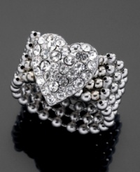 This GUESS stretch ring features a bright crystal-accented heart with bubbly beads to give your look a lift. Crafted in silvertone mixed metal. This GUESS stretch ring features a bright crystal-accented heart with bubbly beads to give your look a lift. Crafted in silvertone mixed metal.