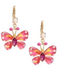 Freshen your look with style inspired by nature. Betsey Johnson's whimsical butterfly earrings come to life with bright orange and pink resin and sparkling crystal accents. Set in gold-plated mixed metal. Approximate drop: 2 inches. Freshen your look with style inspired by nature. Betsey Johnson's whimsical butterfly earrings come to life with bright orange and pink resin and sparkling crystal accents. Set in gold-plated mixed metal. Approximate drop: 2 inches.