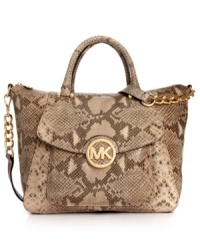 Show some skin with this python-embossed leather satchel from MICHAEL Michael Kors that lends an exotic look to any outfit. Signature 18K gold hardware and chain-link detailing adorn the outside, while the pocket-lined interior stashes your essentials with ease. Show some skin with this python-embossed leather satchel from MICHAEL Michael Kors that lends an exotic look to any outfit. Signature 18K gold hardware and chain-link detailing adorn the outside, while the pocket-lined interior stashes your essentials with ease.