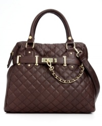 Add some uptown attitude to your everyday accessorizing with this sumptuous satchel from Steve Madden. Adorned with golden hardware, belted detailing and chain-link accent, it's an effortless way to add elegance to any outfit. Add some uptown attitude to your everyday accessorizing with this sumptuous satchel from Steve Madden. Adorned with golden hardware, belted detailing and chain-link accent, it's an effortless way to add elegance to any outfit.