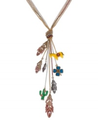 Betsey Johnson adds hot pink feathers and desert-inspired charms to this cute Y-style necklace. Features gold and silver tone necklace chains, clear and pink-colored crystal cup chain accents with knot detail, gold and silver feathers, yellow horse with flower detail, blue-colored crystal four-leaf clover, green cactus with crystal accents and pink flowers. Set in antiqued gold tone mixed metal. Approximate length: 23 inches + 3-inch extender. Approximate drop: 8 inches. Betsey Johnson adds hot pink feathers and desert-inspired charms to this cute Y-style necklace. Features gold and silver tone necklace chains, clear and pink-colored crystal cup chain accents with knot detail, gold and silver feathers, yellow horse with flower detail, blue-colored crystal four-leaf clover, green cactus with crystal accents and pink flowers. Set in antiqued gold tone mixed metal. Approximate length: 23 inches + 3-inch extender. Approximate drop: 8 inches.