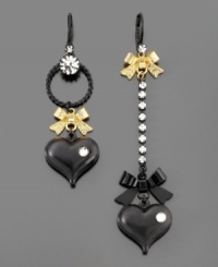 Mix it up with the fashionable black heart earrings by Betsey Johnson. Featuring goldtone and crystal accents, one earring measures approximately 3-1/2 inches while the other measures 2-1/2 inches. Mix it up with the fashionable black heart earrings by Betsey Johnson. Featuring goldtone and crystal accents, one earring measures approximately 3-1/2 inches while the other measures 2-1/2 inches.