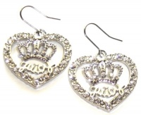 Silver Tone Designer Inspired Heart and Crown Crystal Dangle Couture Style Fashion Earrings - White Gold Plating Silver Tone Designer Inspired Heart and Crown Crystal Dangle Couture Style Fashion Earrings - White Gold Plating