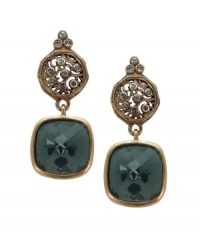 Beautiful briolette-cut colored crystals are adorned by ornate scroll disks with glittering crystal accents on these divine drop earrings from T Tahari. Set in antique gold tone mixed metal. Approximate drop: 1-1/2 inches. Beautiful briolette-cut colored crystals are adorned by ornate scroll disks with glittering crystal accents on these divine drop earrings from T Tahari. Set in antique gold tone mixed metal. Approximate drop: 1-1/2 inches.