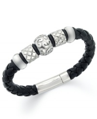 Add flair to any look with this sophisticated men's bracelet. Crafted from black braided leather, bracelet features engraved stainless steel beads and a snap closure. Approximate length: 8-1/4 inches. Add flair to any look with this sophisticated men's bracelet. Crafted from black braided leather, bracelet features engraved stainless steel beads and a snap closure. Approximate length: 8-1/4 inches.