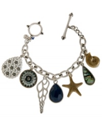 A charming collection of beautiful shells. Lucky Brand's shell charm mixed metal bracelet is made of plastic, reconstituted semi-precious calcite, epoxy, semi-precious abalone, and stone and glass crystals. Approximate length: 7-5/8 inches.