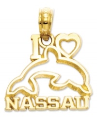 Cherish the beautiful capital of the Bahamas! Carved of 14k gold, this charm reads I (Heart) Nassau and features a graceful dolphin silhouette. Chain not included. Approximate drop length: 7/10 inch. Approximate drop width: 3/5 inch. Cherish the beautiful capital of the Bahamas! Carved of 14k gold, this charm reads I (Heart) Nassau and features a graceful dolphin silhouette. Chain not included. Approximate drop length: 7/10 inch. Approximate drop width: 3/5 inch.