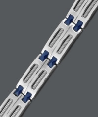 Functional style meets modern design. Men's bracelet features a structurally sound cable link design, set in stainless steel with blue ceramic accents. Approximate length: 8-1/2 inches. Functional style meets modern design. Men's bracelet features a structurally sound cable link design, set in stainless steel with blue ceramic accents. Approximate length: 8-1/2 inches.
