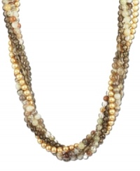 Bohemian bliss. Cultured freshwater pearls (4-4-1/2 mm), smokey quartz (77 ct. t.w.), botswana agate (16-1/5 ct. t.w.) and rutilated quartz (15 ct. t.w.) are spun together in this classic, 5-row necklace. Set in sterling silver. Approximate length: 17 inches. Bohemian bliss. Cultured freshwater pearls (4-4-1/2 mm), smokey quartz (77 ct. t.w.), botswana agate (16-1/5 ct. t.w.) and rutilated quartz (15 ct. t.w.) are spun together in this classic, 5-row necklace. Set in sterling silver. Approximate length: 17 inches.
