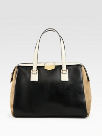This elegant style features a mix of pebbled leather and soft suede in a colorblocked design.Double leather top handles, 6½ dropTop zip closureOne inside zip pocketTwo inside open pocketsFully lined12W X 11H X 6DImported This elegant style features a mix of pebbled leather and soft suede in a colorblocked design.Double leather top handles, 6½ dropTop zip closureOne inside zip pocketTwo inside open pocketsFully lined12W X 11H X 6DImported