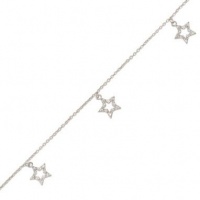 Sterling Silver 9 + 1 Inch Extension Rhodium Plated Anklet with CZ Star Drops Sterling Silver 9 + 1 Inch Extension Rhodium Plated Anklet with CZ Star Drops