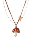 Summer charm comes natural with this Betsey Johnson pendant necklace. Combines a crystal-accented red and white enamel mushroom and crystal-accented pink bow. Crafted in gold tone mixed metal intertwined with red thread. Approximate length: 16 inches + 3-inch extender. Approximate drop: 1-3/4 inches.
