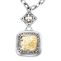 925 Silver Hammered Square Pendant Necklace with 18k Gold Accents- 18 IN 925 Silver Hammered Square Pendant Necklace with 18k Gold Accents- 18 IN