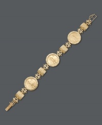 Embrace your love of vintage coins in this unique style. a 14k gold bracelet features intricate scroll and square links and highlights three antique-inspired coins. Approximate length: 7-1/4 inches. Embrace your love of vintage coins in this unique style. a 14k gold bracelet features intricate scroll and square links and highlights three antique-inspired coins. Approximate length: 7-1/4 inches.