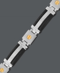 Mix it up in two tone style. This modern men's bracelet features a cable and screw link crafted in stainless steel, 14k gold, and black ion-plated stainless steel. Approximate length: 8-1/2 inches. Mix it up in two tone style. This modern men's bracelet features a cable and screw link crafted in stainless steel, 14k gold, and black ion-plated stainless steel. Approximate length: 8-1/2 inches.