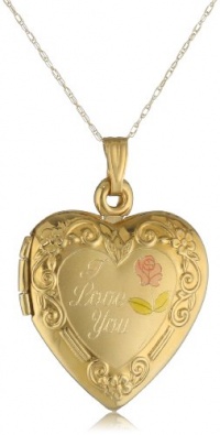 Duragold 14k Yellow Gold I Love You Heart Locket with Pink Rose Pendant Necklace, 18
