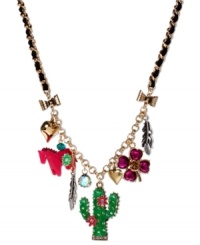 Sharp style, by Betsey Johnson. This frontal necklace highlights a green cactus pendant with crystal accents and pink flowers. Also includes a pink horse with green flower detail, fuchsia-colored crystal four-leaf clover, silver tone feathers, gold tone bubble hearts and black grosgrain ribbon. Crafted in antiqued gold tone mixed metal. Approximate length: 16 inches + 3-inch extender. Approximate drop: 1-3/4 inches. Sharp style, by Betsey Johnson. This frontal necklace highlights a green cactus pendant with crystal accents and pink flowers. Also includes a pink horse with green flower detail, fuchsia-colored crystal four-leaf clover, silver tone feathers, gold tone bubble hearts and black grosgrain ribbon. Crafted in antiqued gold tone mixed metal. Approximate length: 16 inches + 3-inch extender. Approximate drop: 1-3/4 inches.