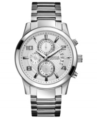 A vintage-inspired chronograph watch in polished steel, by GUESS. A vintage-inspired chronograph watch in polished steel, by GUESS.