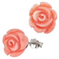 Red Coral Rose Platinum Overlay CAREFREE Sterling Silver Stud Earrings Red Coral Rose Platinum Overlay CAREFREE Sterling Silver Stud Earrings