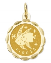 Tell everyone your sign in style! This scalloped and polished disc charm features the Pisces Zodiac in 14k gold. Chain not included. Approximate length: 9/10 inch. Approximate width: 3/5 inch. Tell everyone your sign in style! This scalloped and polished disc charm features the Pisces Zodiac in 14k gold. Chain not included. Approximate length: 9/10 inch. Approximate width: 3/5 inch.
