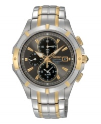 For polish and punctuality, rely on this Coutura alarm chronograph by Seiko. Watch crafted of two-tone stainless steel bracelet and round case, 40mm. Gray chronograph dial features applied gold tone stick indices, minute track, date window and logo at three o'clock, three black subdials and luminous hands. Quartz movement. Water resistant to 100 meters. Three-year limited warranty. For polish and punctuality, rely on this Coutura alarm chronograph by Seiko. Watch crafted of two-tone stainless steel bracelet and round case, 40mm. Gray chronograph dial features applied gold tone stick indices, minute track, date window and logo at three o'clock, three black subdials and luminous hands. Quartz movement. Water resistant to 100 meters. Three-year limited warranty.