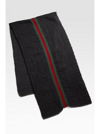 Black/medium grey with fringe detail.Green/red/green signature web38% silk/32% wool/30% alpaca21¾W X 70L Made in Italy Black/medium grey with fringe detail.Green/red/green signature web38% silk/32% wool/30% alpaca21¾W X 70L Made in Italy
