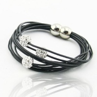 Multi-Layer Black Grey Colored Greek Leather Stainless Steel Magnetic Closure Bracelet with 10 MM Swarovski Crystal Disco Ball (Length 190mm - one size fits most) Multi-Layer Black Grey Colored Greek Leather Stainless Steel Magnetic Closure Bracelet with 10 MM Swarovski Crystal Disco Ball (Length 190mm - one size fits most)