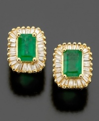 Accent with grandeur. These exquisite Effy Collection earrings feature baguette-cut emerald (1 ct. t.w.) and round-cut diamond (5/8 ct. t.w.) set in 14k gold. Approximate drop: 1/4 inch. Accent with grandeur. These exquisite Effy Collection earrings feature baguette-cut emerald (1 ct. t.w.) and round-cut diamond (5/8 ct. t.w.) set in 14k gold. Approximate drop: 1/4 inch.