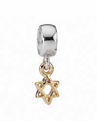 A tasteful PANDORA charm featuring a 14K gold Star of David suspended from a sterling silver ring. A tasteful PANDORA charm featuring a 14K gold Star of David suspended from a sterling silver ring.