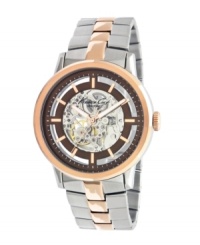Peek behind the curtain with this exposed creation from Kenneth Cole New York. Timepiece crafted of rose-gold tone stainless steel bracelet and round ion-plated case with rose-gold tone bezel. Brown and rose-gold tone skeleton dial with transparent window that reveals automatic movement. Rose-gold tone stick indices at markers, logo and hands. Automatic movement. Water resistant to 30 meters. Limited lifetime warranty. Peek behind the curtain with this exposed creation from Kenneth Cole New York. Timepiece crafted of rose-gold tone stainless steel bracelet and round ion-plated case with rose-gold tone bezel. Brown and rose-gold tone skeleton dial with transparent window that reveals automatic movement. Rose-gold tone stick indices at markers, logo and hands. Automatic movement. Water resistant to 30 meters. Limited lifetime warranty.
