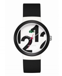 As bold as the world of Lacoste. This unisex Goa watch is crafted of black silicone strap and round white plastic case with a black bezel. White dial features oversized printed black numerals, cut-out hour and minute hand, red second hand, and iconic crocodile logo at twelve o'clock. Quartz movement. Water resistant to 30 meters. Two-year limited warranty. As bold as the world of Lacoste. This unisex Goa watch is crafted of black silicone strap and round white plastic case with a black bezel. White dial features oversized printed black numerals, cut-out hour and minute hand, red second hand, and iconic crocodile logo at twelve o'clock. Quartz movement. Water resistant to 30 meters. Two-year limited warranty.