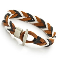 Trendy Mens Woven Leather Bracelet Cuff (Brown White Black)