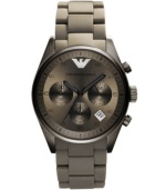 Give black and brown the day off and make a mark with this new neutral by Emporio Armani. Watch crafted of gray silicone-wrapped stainless steel bracelet and round gray-plated stainless steel case. Gray chronograph dial features black numerals, minute track, date window, three subdials, three hands and logo. Automatic movement. Water resistant to 30 meters. Two-year limited warranty. Give black and brown the day off and make a mark with this new neutral by Emporio Armani. Watch crafted of gray silicone-wrapped stainless steel bracelet and round gray-plated stainless steel case. Gray chronograph dial features black numerals, minute track, date window, three subdials, three hands and logo. Automatic movement. Water resistant to 30 meters. Two-year limited warranty.