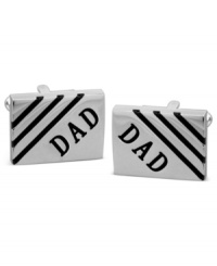 The perfect way to show him you care. These personalized cuff links feature the word DAD written on the surface in black rhodium. Crafted in stainless steel. Approximate size: 3/4 inch x 5/8 inch. The perfect way to show him you care. These personalized cuff links feature the word DAD written on the surface in black rhodium. Crafted in stainless steel. Approximate size: 3/4 inch x 5/8 inch.