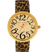 Right on time for all nine lives. Watch by Betsey Johnson crafted of leopard print plated stainless steel expansion bracelet and oversized round gold tone stainless steel case. Champagne dial features black numerals, gold tone hour and minute hands, signature fuchsia second hand and logo. Quartz movement. Water resistant to 30 meters. Two-year limited warranty. Right on time for all nine lives. Watch by Betsey Johnson crafted of leopard print plated stainless steel expansion bracelet and oversized round gold tone stainless steel case. Champagne dial features black numerals, gold tone hour and minute hands, signature fuchsia second hand and logo. Quartz movement. Water resistant to 30 meters. Two-year limited warranty.