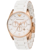 Look on the bright side. Radiant watch by Emporio Armani crafted of rose-gold-plated stainless steel bracelet wrapped in white silicone and round case. White chronograph dial features rose-gold tone numerals and minute track, three subdials, date window and logo at twelve o'clock. Quartz movement. Water resistant to 50 meters. Two-year limited warranty. Look on the bright side. Radiant watch by Emporio Armani crafted of rose-gold-plated stainless steel bracelet wrapped in white silicone and round case. White chronograph dial features rose-gold tone numerals and minute track, three subdials, date window and logo at twelve o'clock. Quartz movement. Water resistant to 50 meters. Two-year limited warranty.