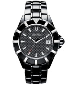 Push boundaries with this intricately-detailed Bulova Accutron watch from the Mirador collection. Black ceramic and stainless steel bracelet and round case with rotating bezel and curved sapphire crystal. Black carbon fiber dial features silver tone stick indices, minute track, date window at three o'clock, three hands and logo. Swiss quartz movement. Water resistant to 50 meters. Five-year limited warranty.