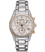 Glints of glamour accent this stunning watch by Bulova. Stainless steel bracelet with rose-gold tone accents and round case. Bezel with rose-gold tone accents and 16 glittering diamonds (1/10 ct. t.w.). White dial features textured inner dial, applied rose-gold tone stick indices, diamond accent markers, black minute track, date window, three subdials, luminous hands and logo. Quartz movement. Water resistant to 30 meters. Three-year limited warranty. Glints of glamour accent this stunning watch by Bulova. Stainless steel bracelet with rose-gold tone accents and round case. Bezel with rose-gold tone accents and 16 glittering diamonds (1/10 ct. t.w.). White dial features textured inner dial, applied rose-gold tone stick indices, diamond accent markers, black minute track, date window, three subdials, luminous hands and logo. Quartz movement. Water resistant to 30 meters. Three-year limited warranty.