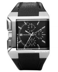 Time for an edgy look. This Diesel watch features a black leather strap ans square stainless steel case, 49x44mm. Black matte sunray dial with silvertone applied indices, logo, date window and three subdials. Quartz movement. Water resistant to 50 meters. Two-year limited warranty. Time for an edgy look. This Diesel watch features a black leather strap ans square stainless steel case, 49x44mm. Black matte sunray dial with silvertone applied indices, logo, date window and three subdials. Quartz movement. Water resistant to 50 meters. Two-year limited warranty.