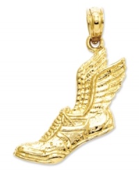 Cross the finish line in style. This sporty running shoe and wings charm is perfect for the aspiring Carl Lewis. Crafted in textured 14k gold. Chain not included. Approximate length: 1 inch. Approximate width: 3/5 inch. Cross the finish line in style. This sporty running shoe and wings charm is perfect for the aspiring Carl Lewis. Crafted in textured 14k gold. Chain not included. Approximate length: 1 inch. Approximate width: 3/5 inch.