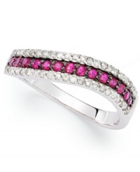 Splash yourself with color. This unique wave-shaped band highlights round-cut rubies (1/4 ct. t.w.) and round-cut diamonds (1/4 ct. t.w.) in a 14k white gold setting. Splash yourself with color. This unique wave-shaped band highlights round-cut rubies (1/4 ct. t.w.) and round-cut diamonds (1/4 ct. t.w.) in a 14k white gold setting.