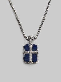 An original design pairs two sterling silver pendants on a single strand. The cross pendant is crafted with pavé diamond detail, and the larger features smooth lapis inlay. Sterling silver Pavé diamonds Lapis Pendant: 1 long Necklace: 24 long Lobster clasp closure Imported An original design pairs two sterling silver pendants on a single strand. The cross pendant is crafted with pavé diamond detail, and the larger features smooth lapis inlay. Sterling silver Pavé diamonds Lapis Pendant: 1 long Necklace: 24 long Lobster clasp closure Imported