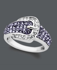 Put another notch in your style belt with this chic buckle-shaped cocktail ring. With its shimmery blue and clear crystal design with Swarovski elements, Kaleidoscope makes great style a cinch! Crafted in sterling silver. Size 7, 8 and 9. Put another notch in your style belt with this chic buckle-shaped cocktail ring. With its shimmery blue and clear crystal design with Swarovski elements, Kaleidoscope makes great style a cinch! Crafted in sterling silver. Size 7, 8 and 9.