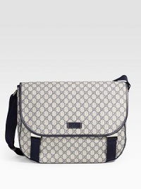 GG plus coated canvas with leather trim and nickel hardware. Adjustable shoulder strap Flap with engraved clip closures Interior pocket 15¾W X 11¼H X 5D Made in Italy GG plus coated canvas with leather trim and nickel hardware. Adjustable shoulder strap Flap with engraved clip closures Interior pocket 15¾W X 11¼H X 5D Made in Italy