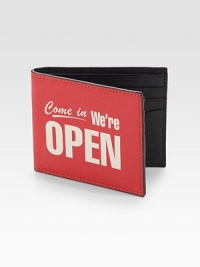 A contemporary spin on the timeless leather wallet with classic sign detail printed on the outside. Bill compartment6 card slots3½ X 4Imported A contemporary spin on the timeless leather wallet with classic sign detail printed on the outside. Bill compartment6 card slots3½ X 4Imported