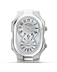 Interchangeable signature watch head from Philip Stein, featuring mother-of-pearl dial and dual quartz movement. Interchangeable signature watch head from Philip Stein, featuring mother-of-pearl dial and dual quartz movement.